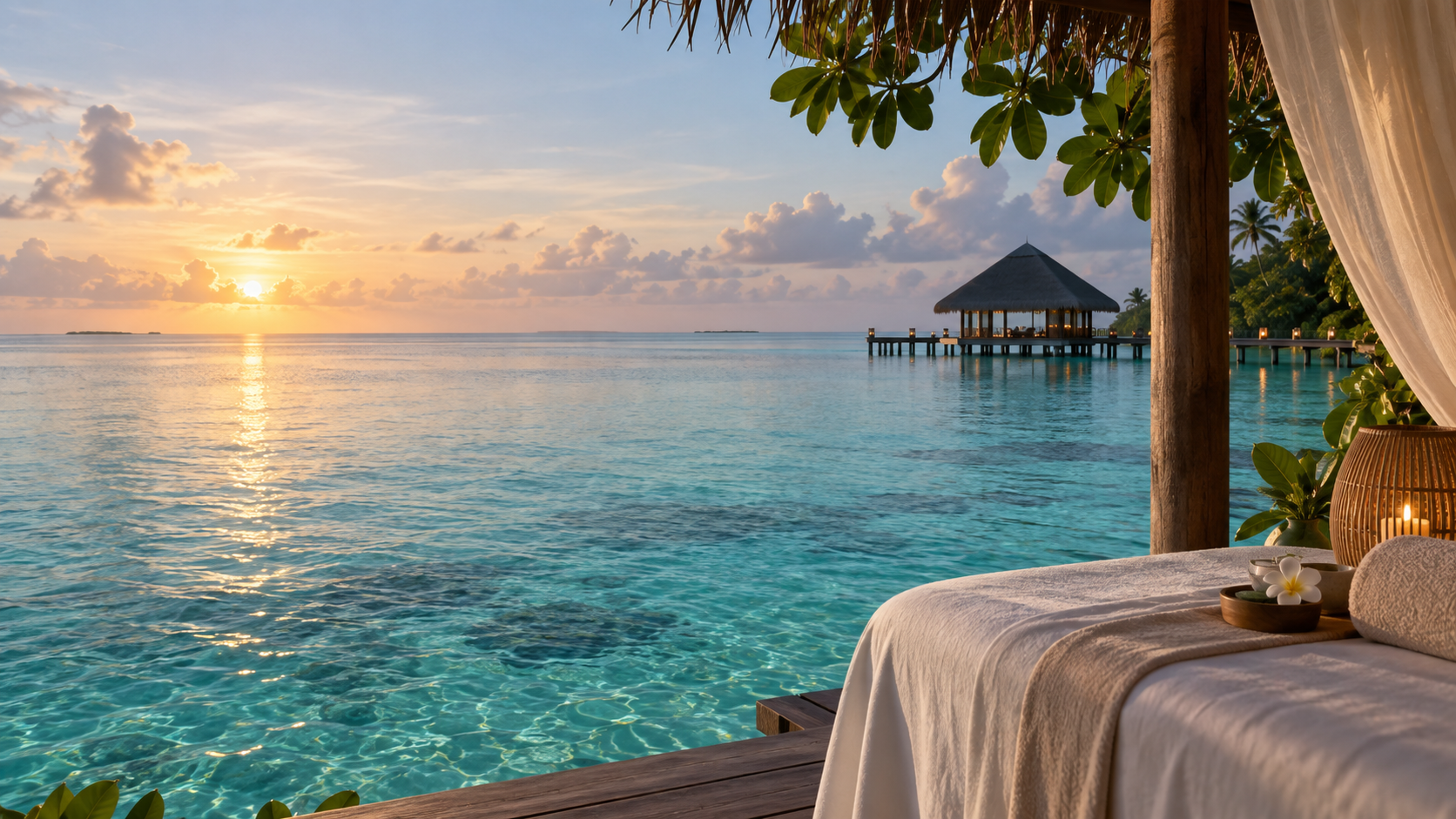 A tranquil tropical spa setting overlooking clear Maldivian waters at sunrise